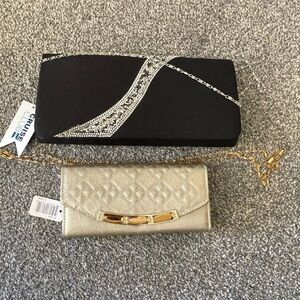 NWT! Lot of two fashion costume purses black/silver and gold clutch chain straps